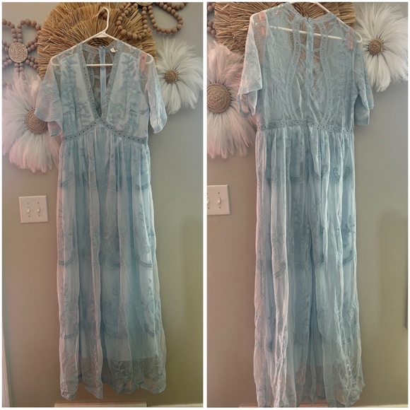 PINKBLUSH Light Blue Maternity Lace Mesh Overlay Maxi Dress - Picture 8 of 11
